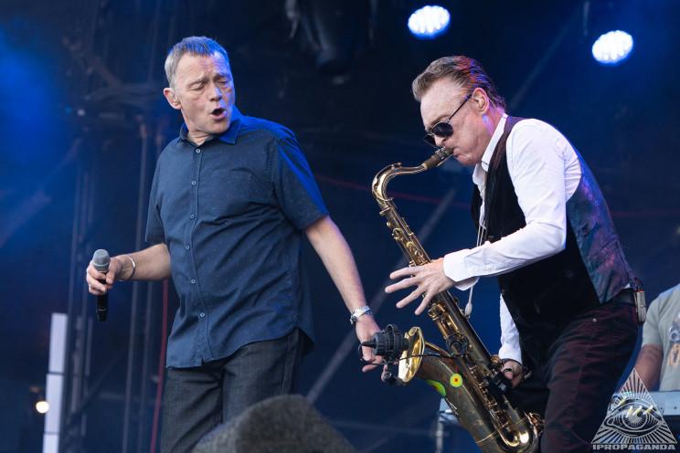 Duncan Campbell (left) and Brian Travers of UB40 perform live onstage during the Rewind Scotland festival at Scone Palace on July 22, 2018 in Perth, Scotland. The saxophonist died Sunday at 62.