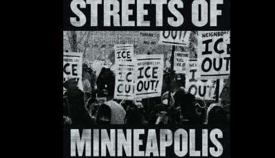 Streets of Minneapolis Sign in front of protesters